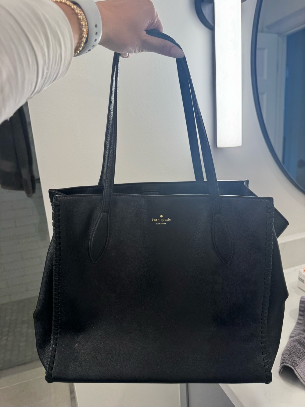 kate spade Black Leather Tote with Whipstitch Trim